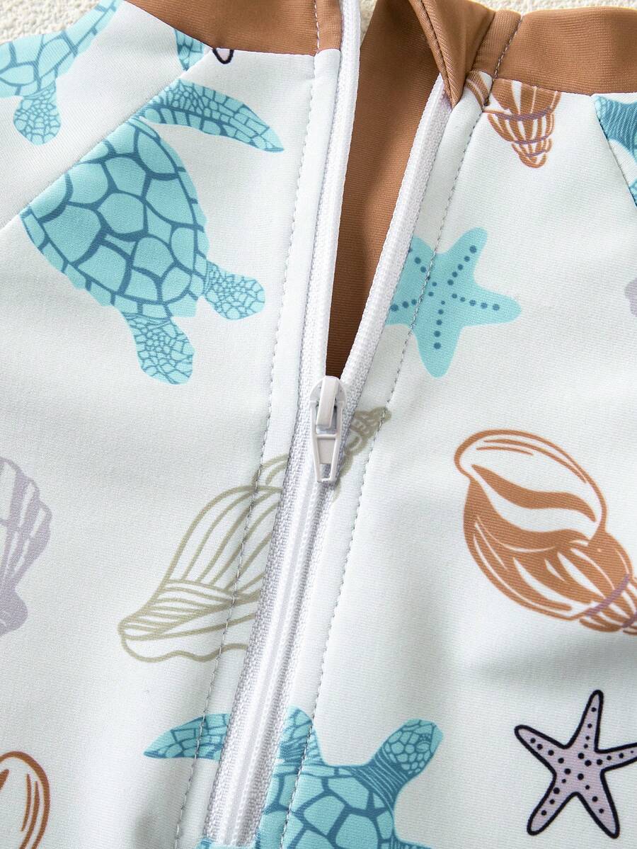 Baby Coconut Tree Print Long Sleeve Swimsuit Set with Matching Sun Hat