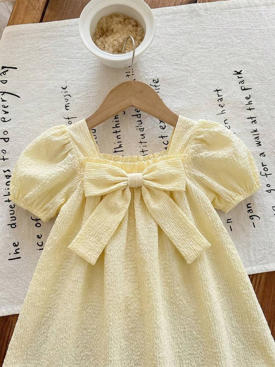 Baby Girl Plaid Bow Detail Short Sleeve Dress Cute Summer Vacation Outfit