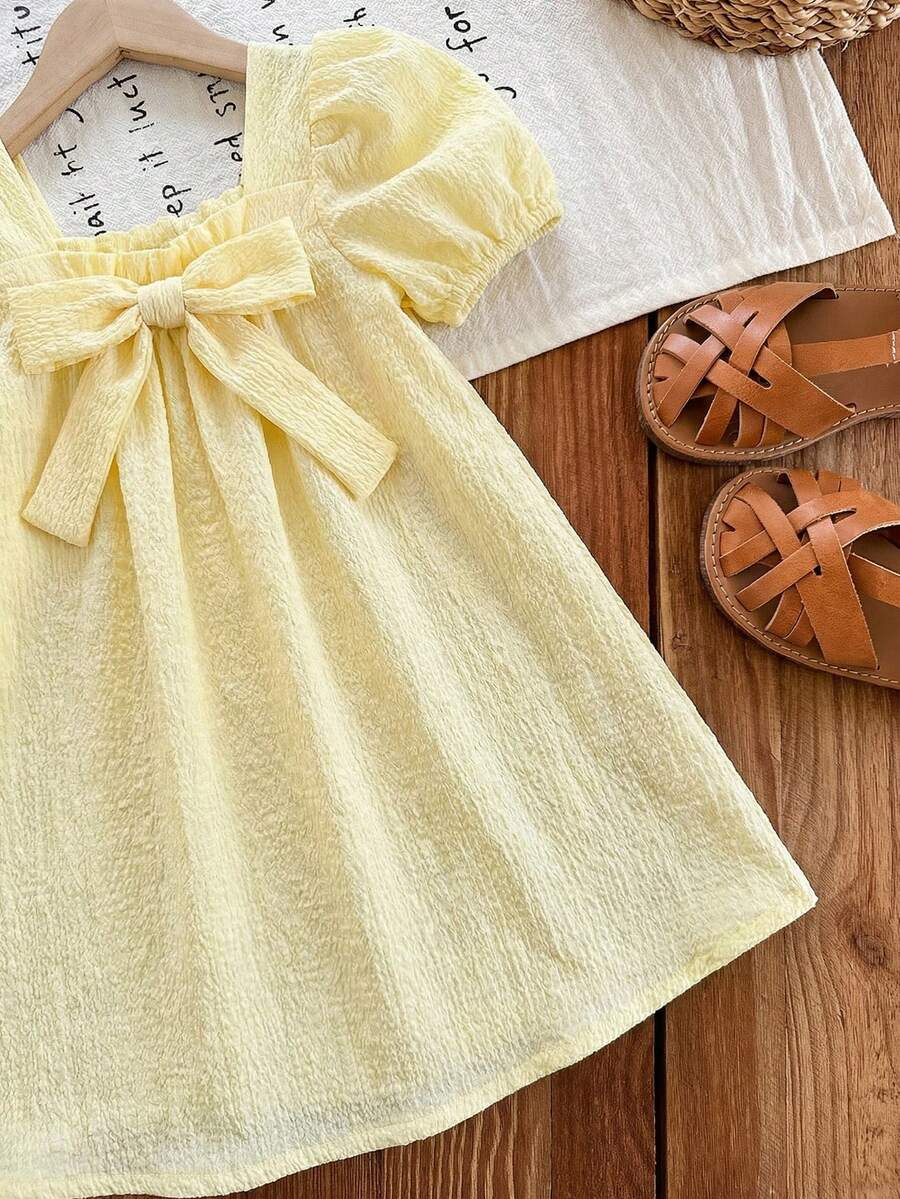 Baby Girl Plaid Bow Detail Short Sleeve Dress Cute Summer Vacation Outfit