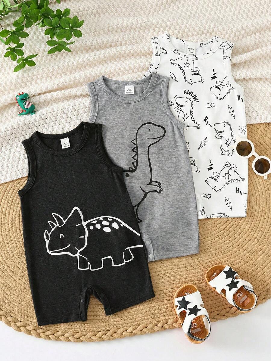 Unisex Dinosaur Print Sleeveless Romper Set For Toddlers Spring Summer Wear