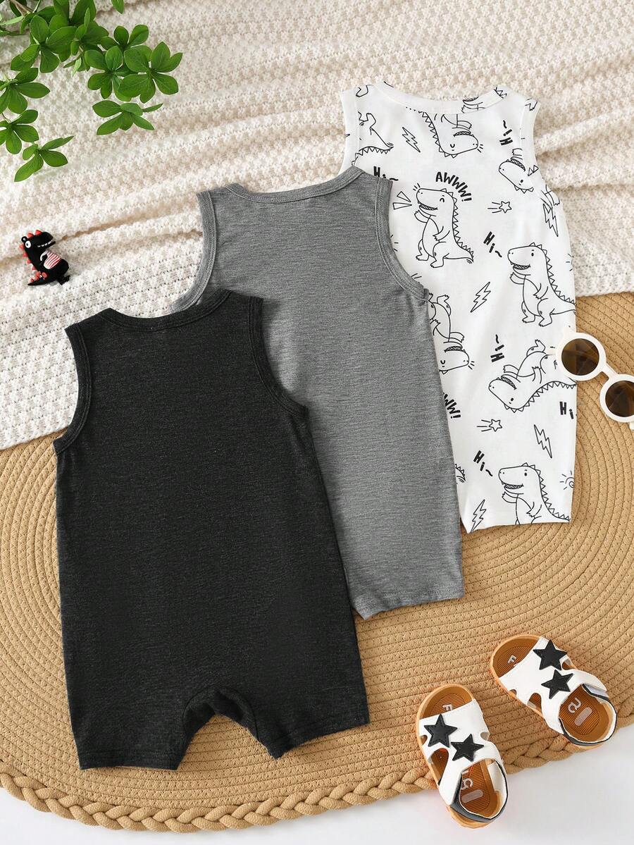 Unisex Dinosaur Print Sleeveless Romper Set For Toddlers Spring Summer Wear