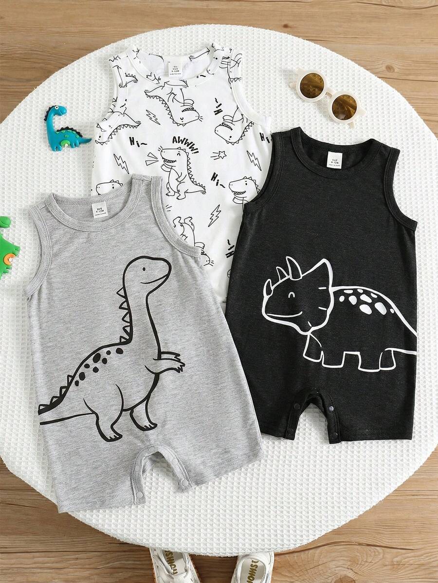Unisex Dinosaur Print Sleeveless Romper Set For Toddlers Spring Summer Wear