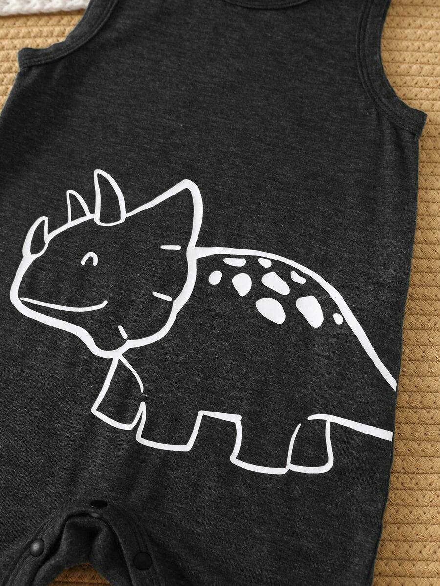Unisex Dinosaur Print Sleeveless Romper Set For Toddlers Spring Summer Wear
