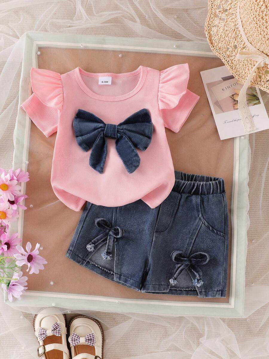 3D Bow Denim Cap Sleeve Set with Front Slit Shorts for Baby Girls