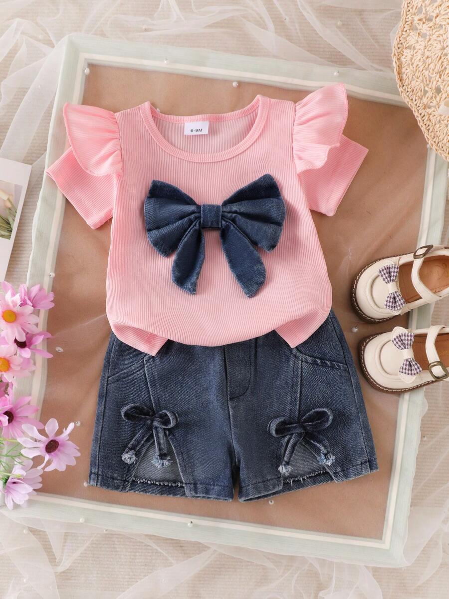 3D Bow Denim Cap Sleeve Set with Front Slit Shorts for Baby Girls