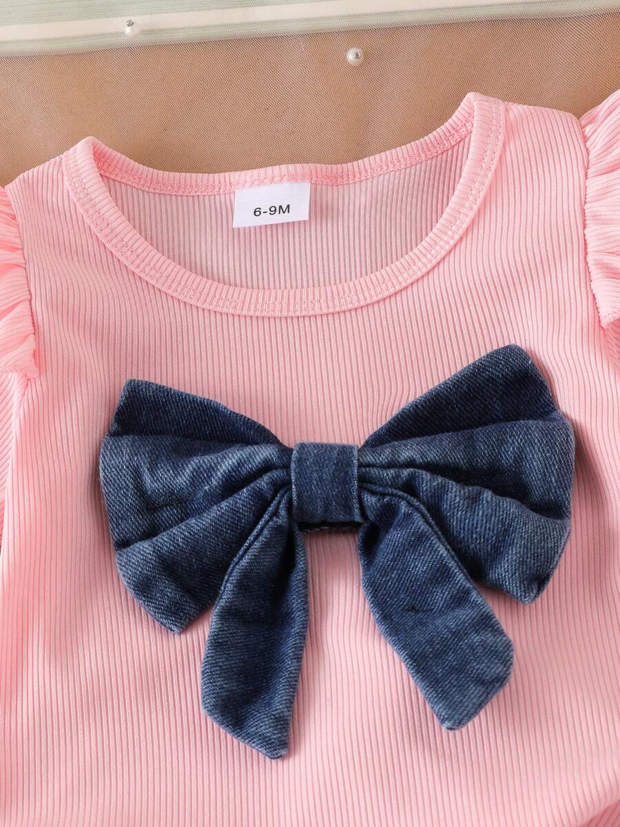 3D Bow Denim Cap Sleeve Set with Front Slit Shorts for Baby Girls