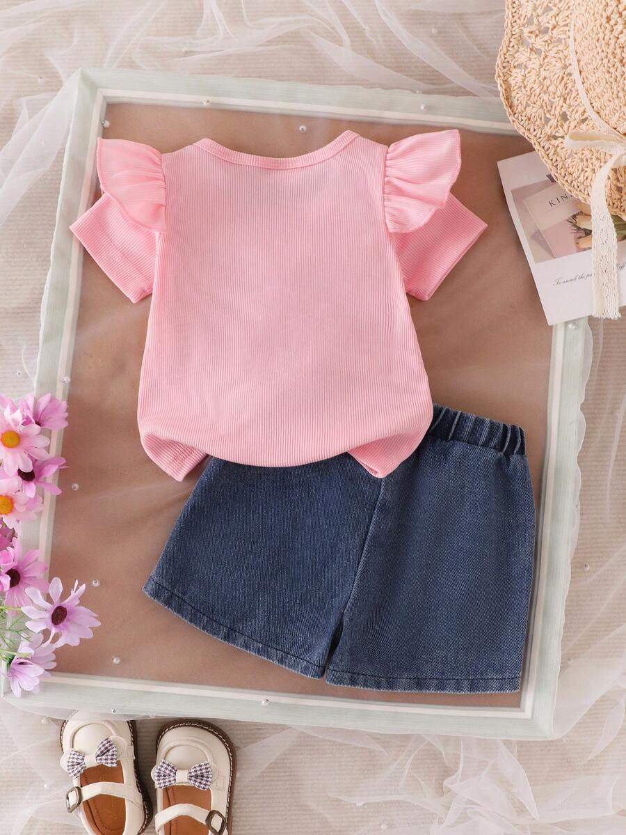 3D Bow Denim Cap Sleeve Set with Front Slit Shorts for Baby Girls