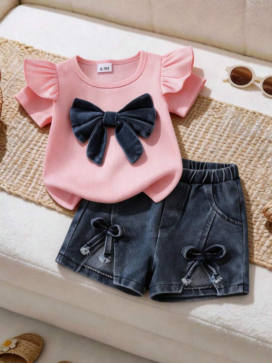 3D Bow Denim Cap Sleeve Set with Front Slit Shorts for Baby Girls