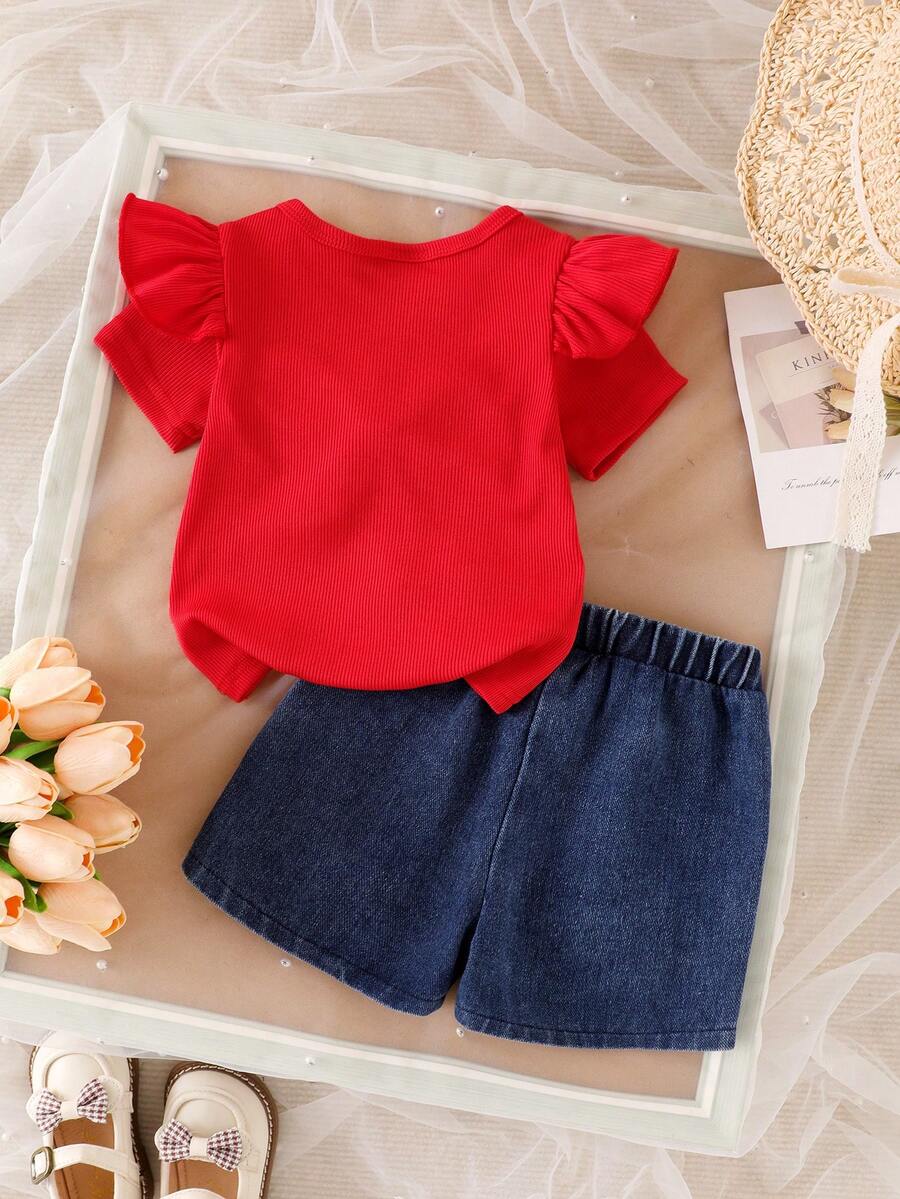 3D Bow Denim Cap Sleeve Set with Front Slit Shorts for Baby Girls
