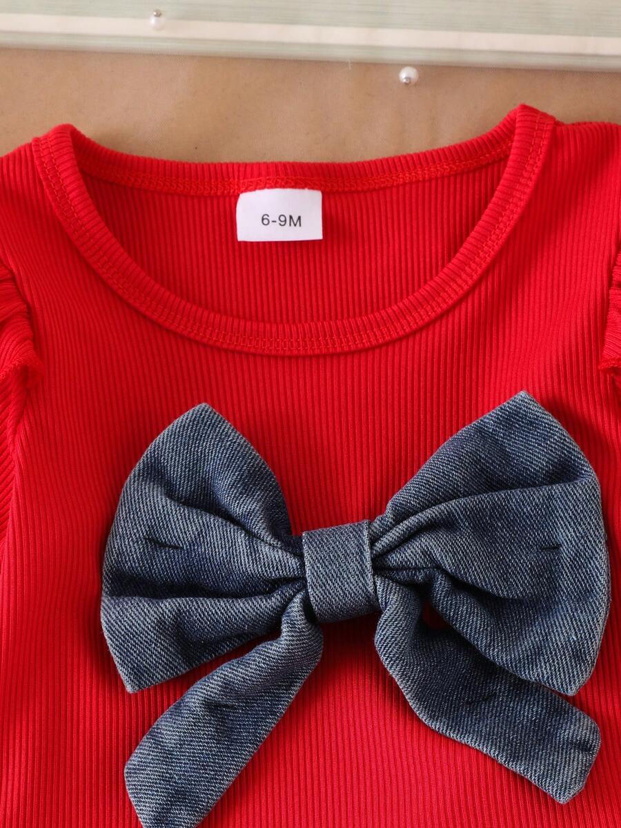 3D Bow Denim Cap Sleeve Set with Front Slit Shorts for Baby Girls