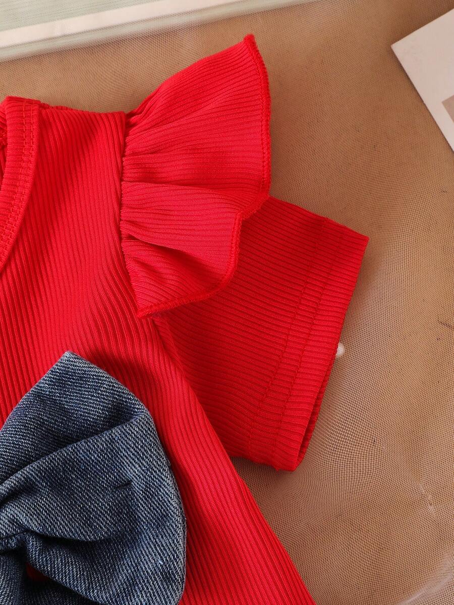 3D Bow Denim Cap Sleeve Set with Front Slit Shorts for Baby Girls