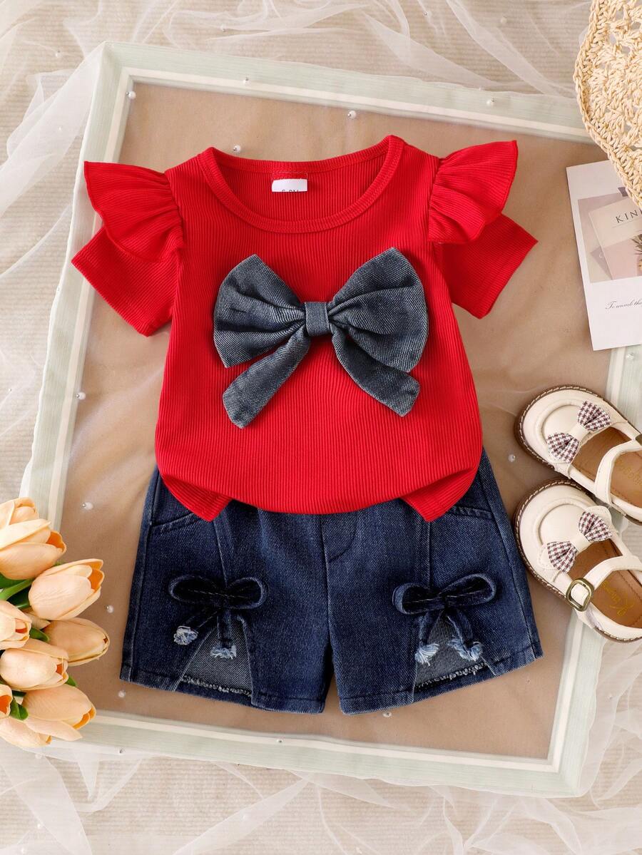 3D Bow Denim Cap Sleeve Set with Front Slit Shorts for Baby Girls