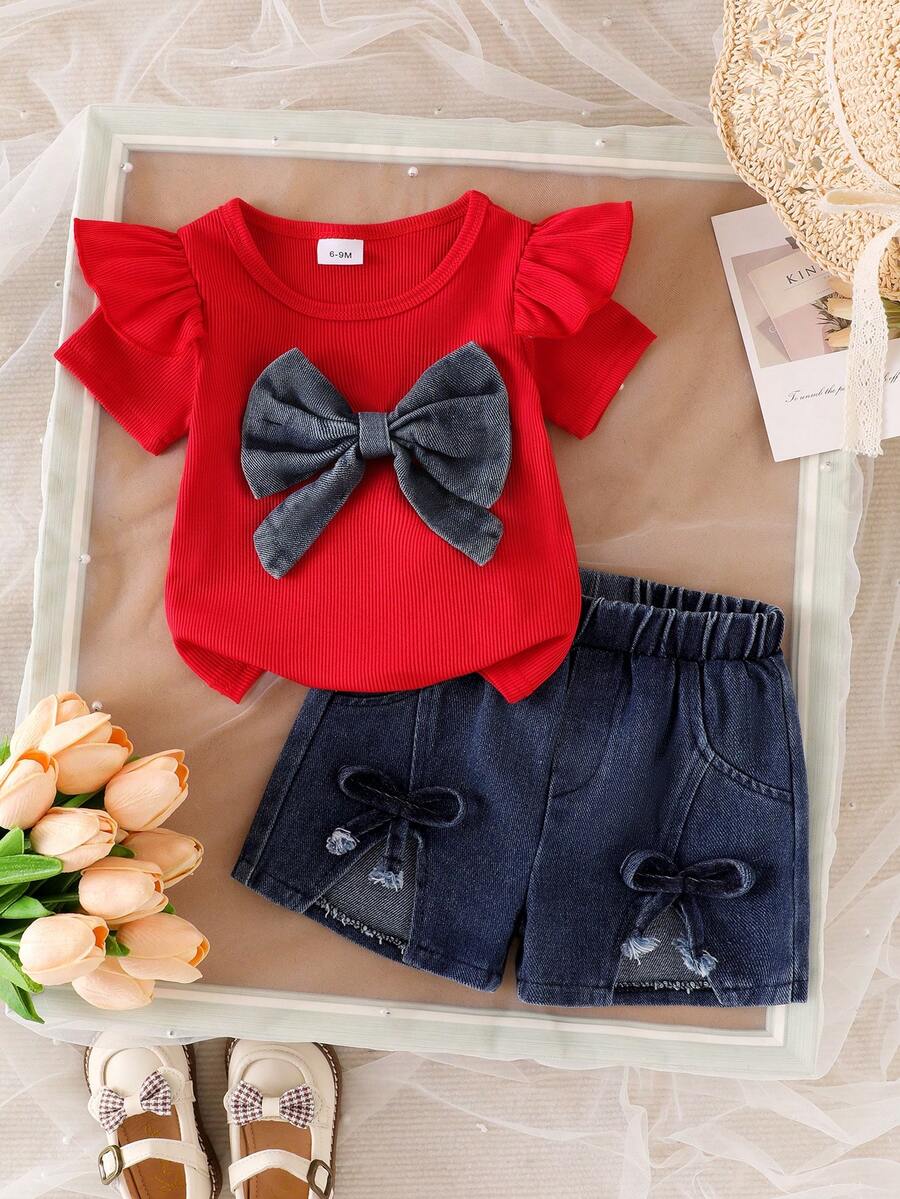 3D Bow Denim Cap Sleeve Set with Front Slit Shorts for Baby Girls