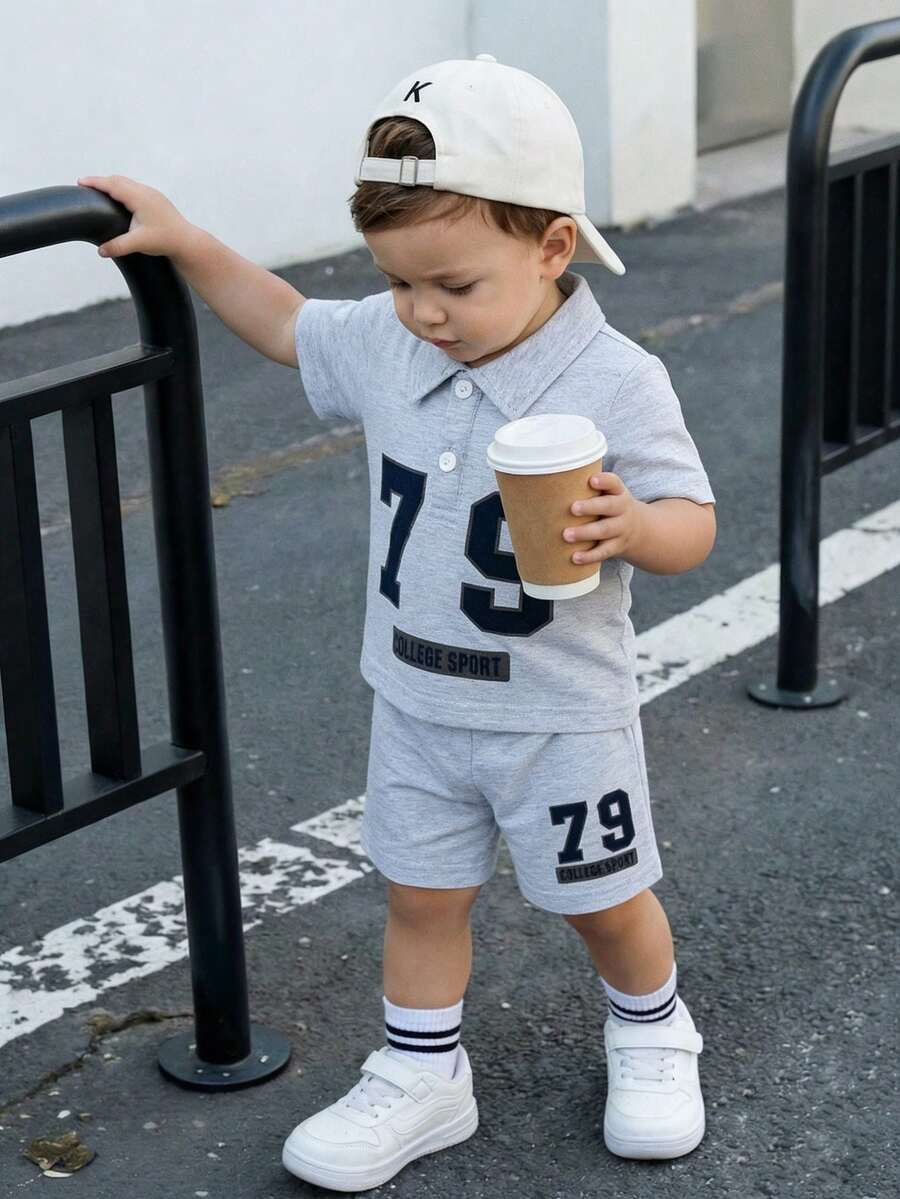 Playful Pals Baby Boy Letter Embroidery Polo and Shorts for Daily Wear