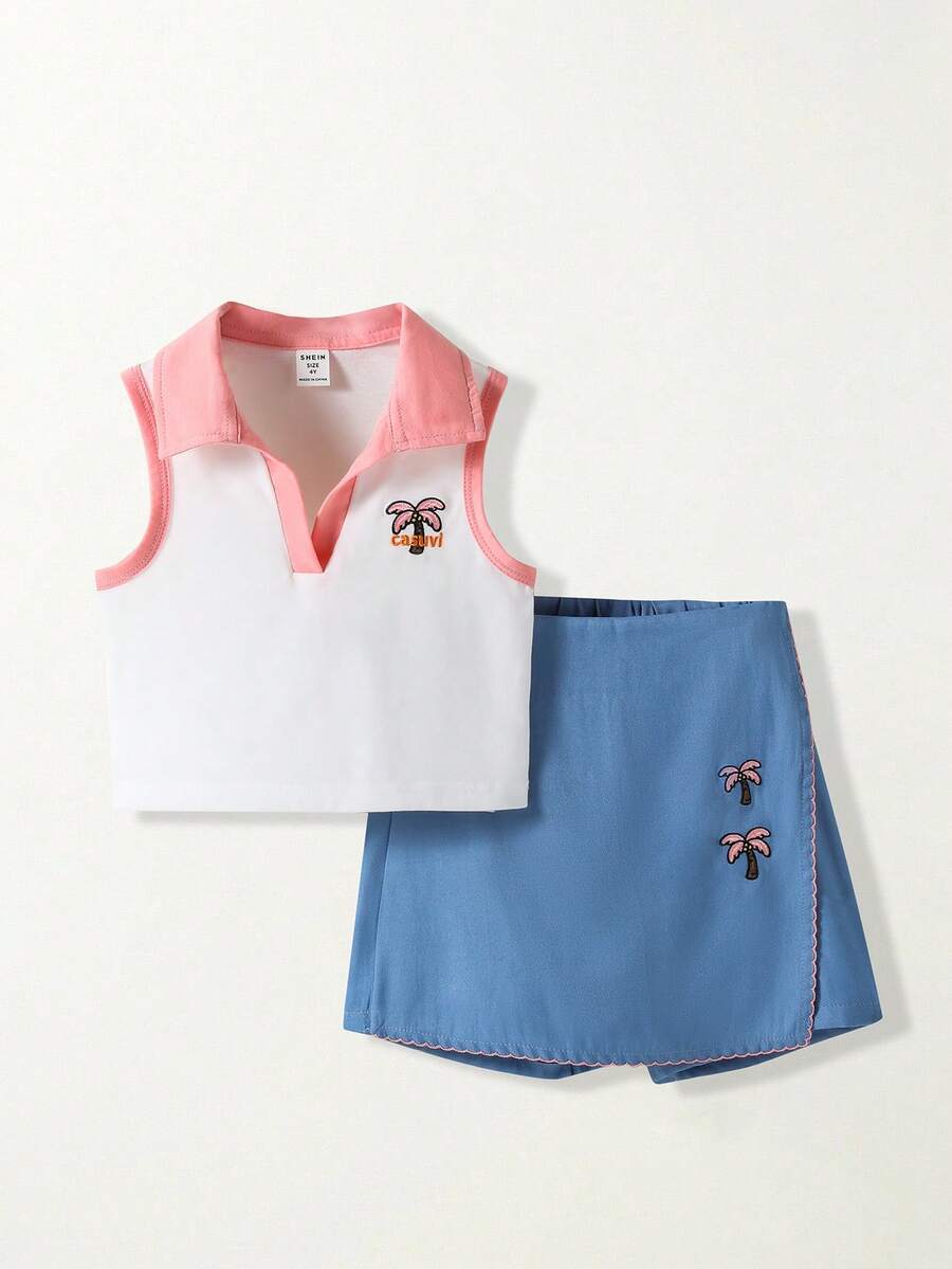Toddler Girls Textured Knit Vest Top And Denim Skort Flower Embroidered Summer Outfit Set