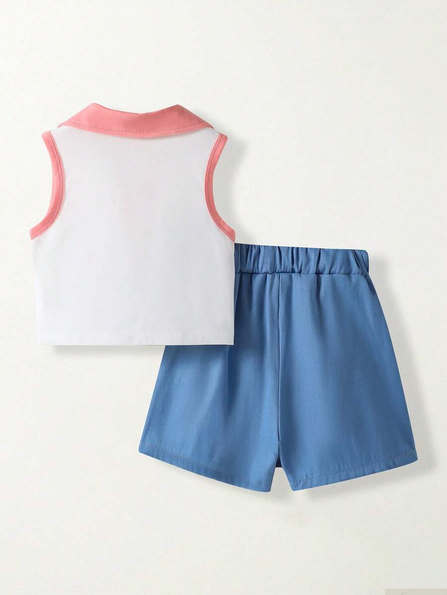 Toddler Girls Textured Knit Vest Top And Denim Skort Flower Embroidered Summer Outfit Set