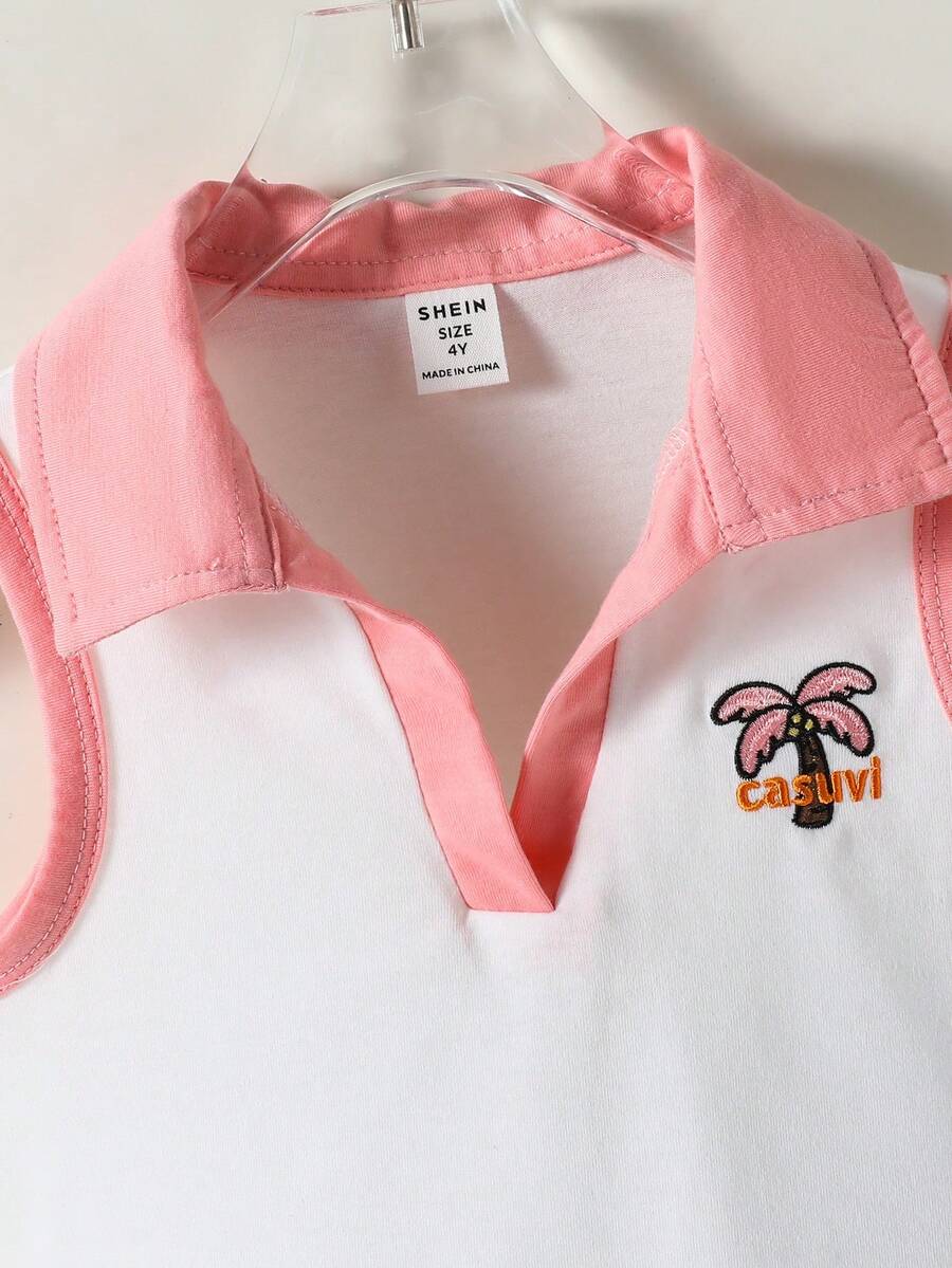 Toddler Girls Textured Knit Vest Top And Denim Skort Flower Embroidered Summer Outfit Set