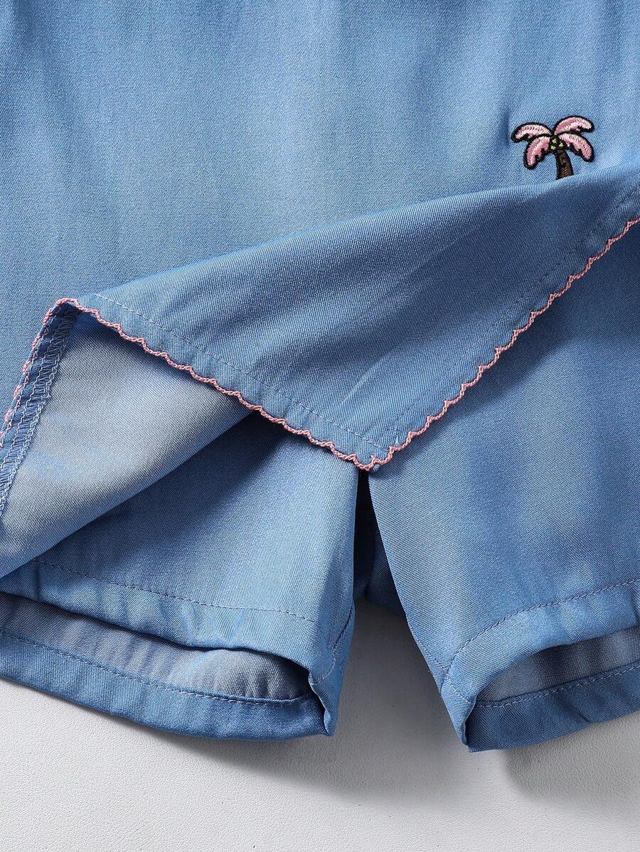 Toddler Girls Textured Knit Vest Top And Denim Skort Flower Embroidered Summer Outfit Set