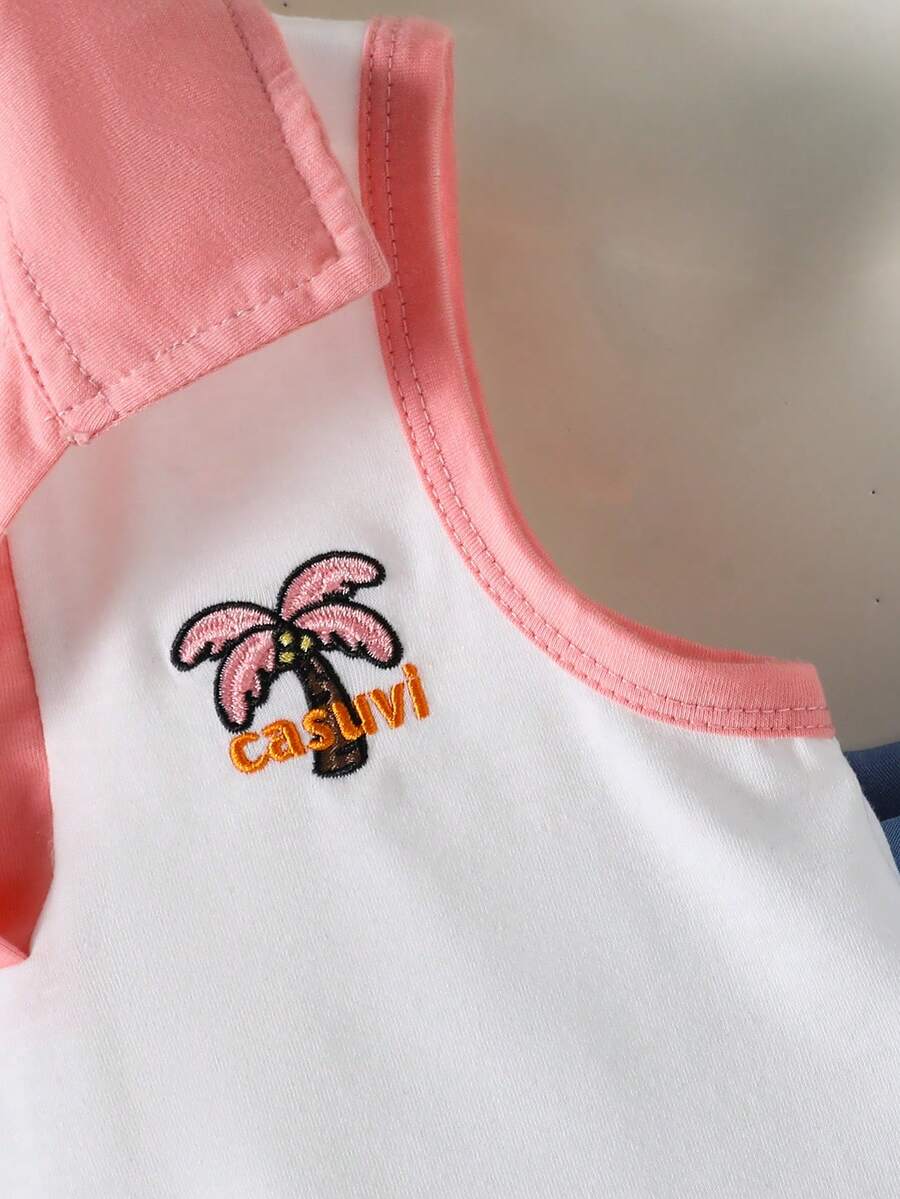 Toddler Girls Textured Knit Vest Top And Denim Skort Flower Embroidered Summer Outfit Set