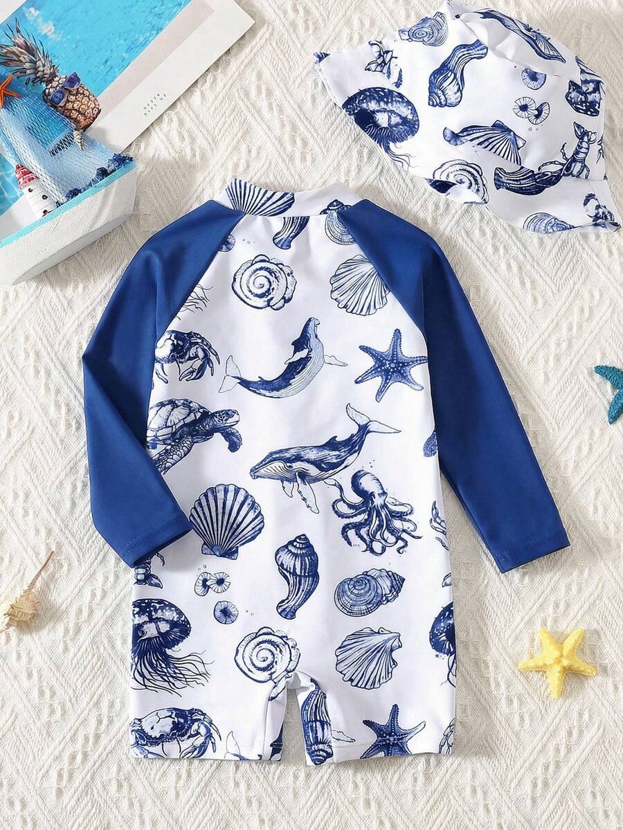 Baby Striped Dolphin Print One-Piece Swimsuit for Beach Vacation and Pool Days