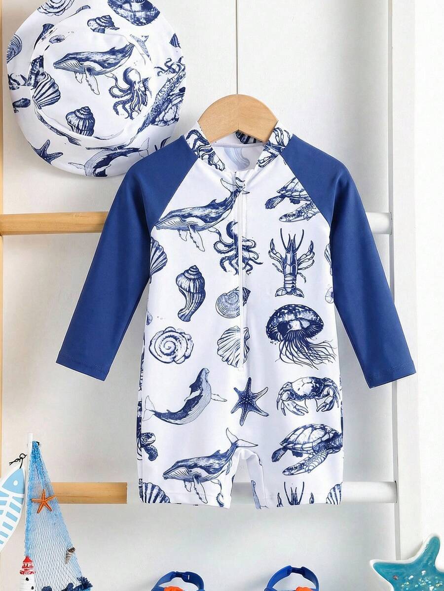 Baby Striped Dolphin Print One-Piece Swimsuit for Beach Vacation and Pool Days