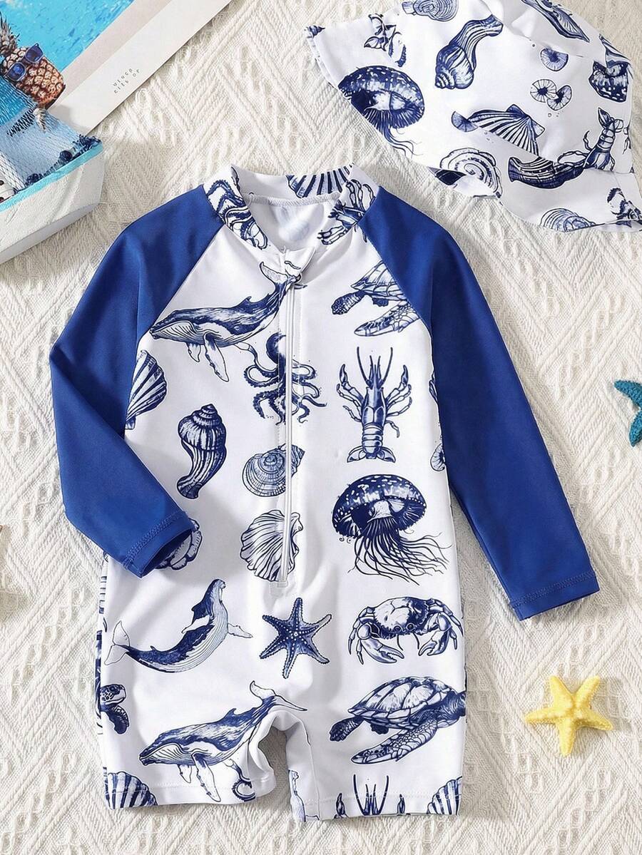 Baby Striped Dolphin Print One-Piece Swimsuit for Beach Vacation and Pool Days