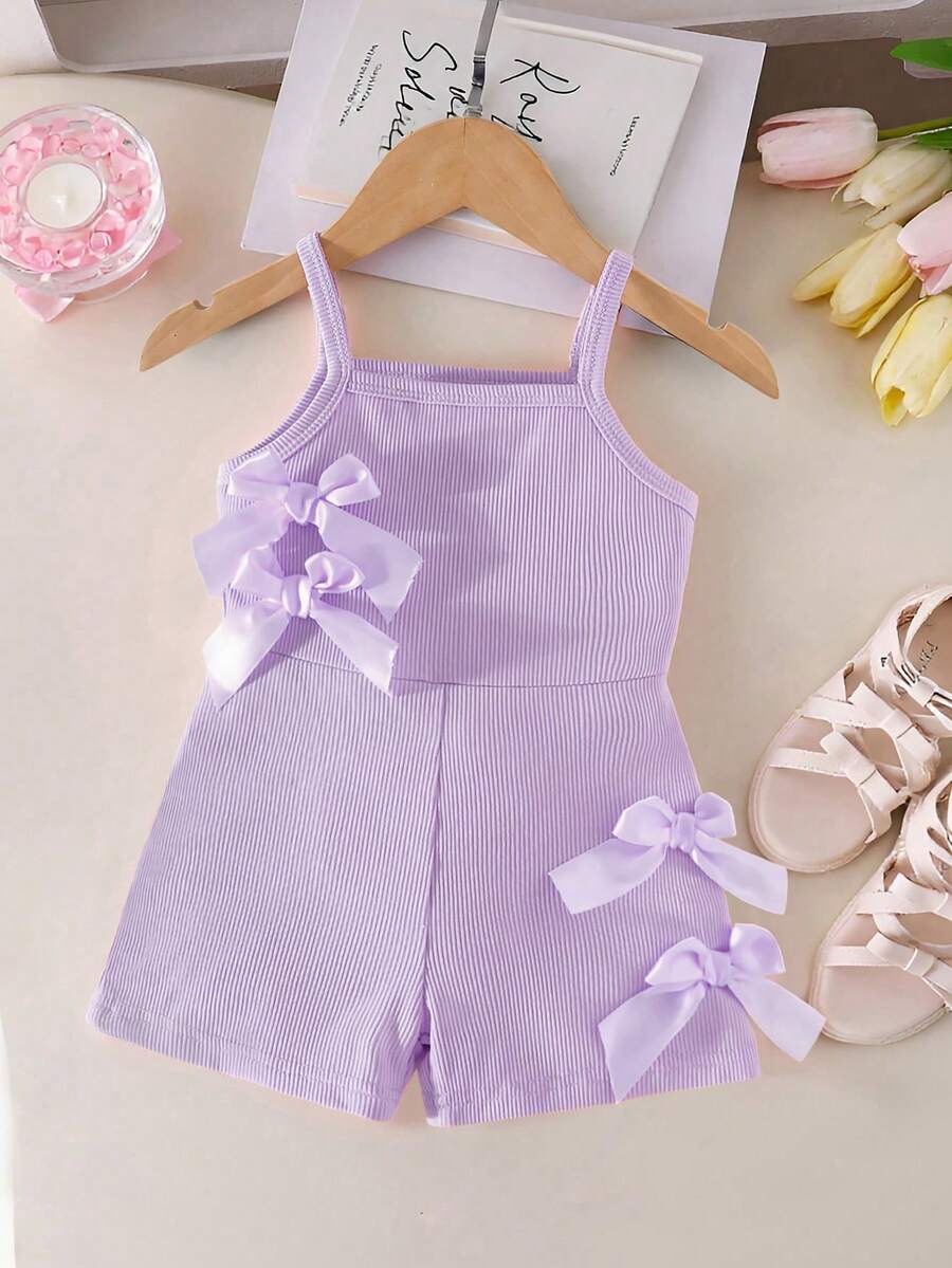 Cute Baby Girl Sleeveless Ribbed Short Jumpsuit With Bow Detail Casual Summer Wear