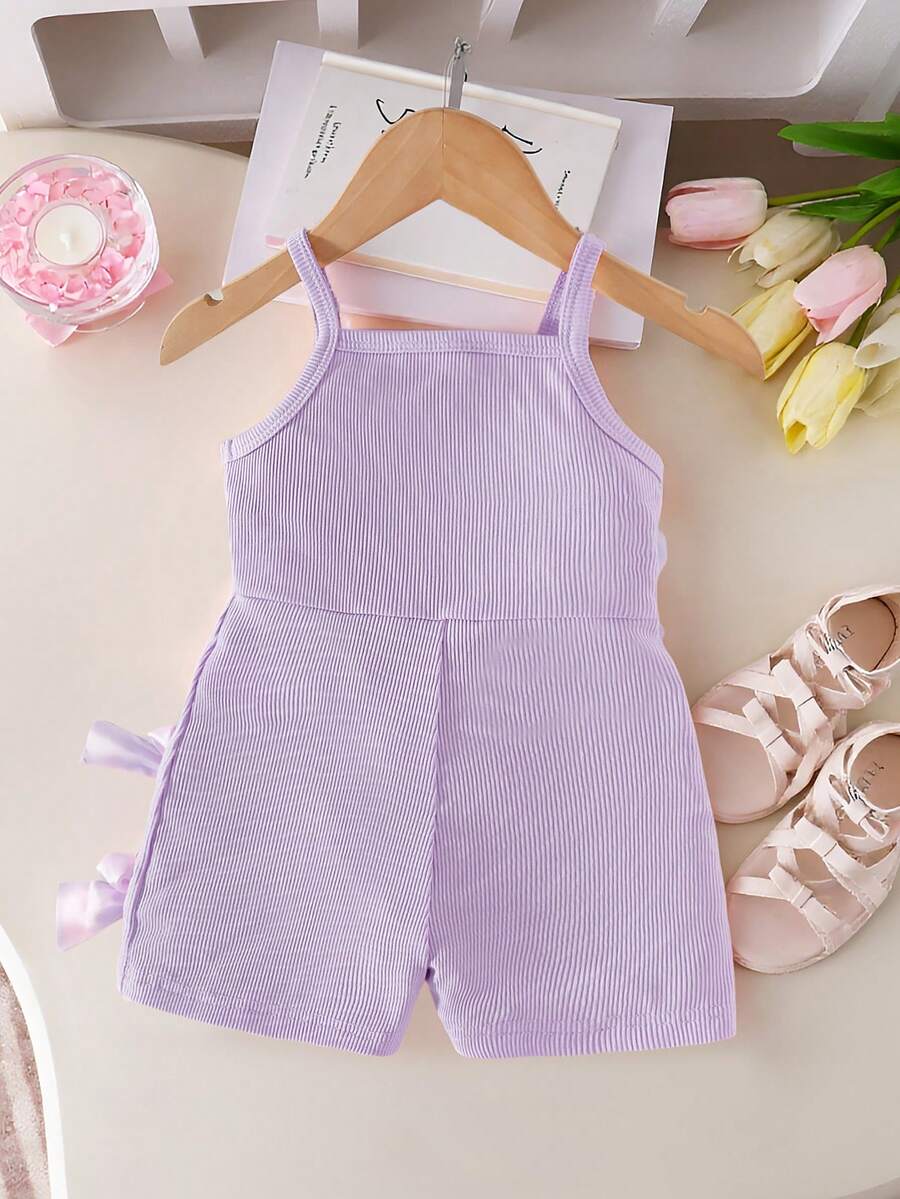 Cute Baby Girl Sleeveless Ribbed Short Jumpsuit With Bow Detail Casual Summer Wear