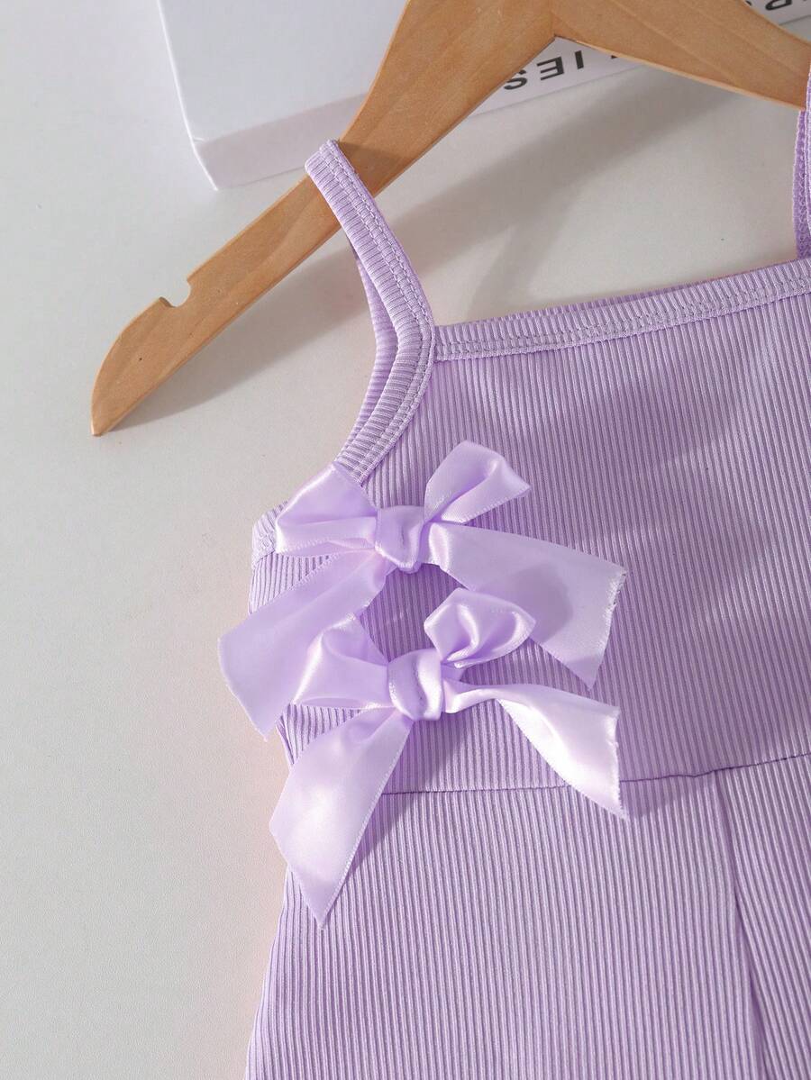 Cute Baby Girl Sleeveless Ribbed Short Jumpsuit With Bow Detail Casual Summer Wear