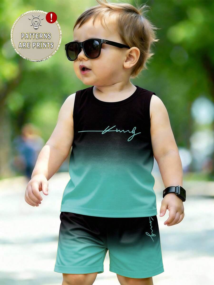 Baby Boy Gradient Logo Print Tank Top and Shorts 2 Piece Casual Summer Outfit Set