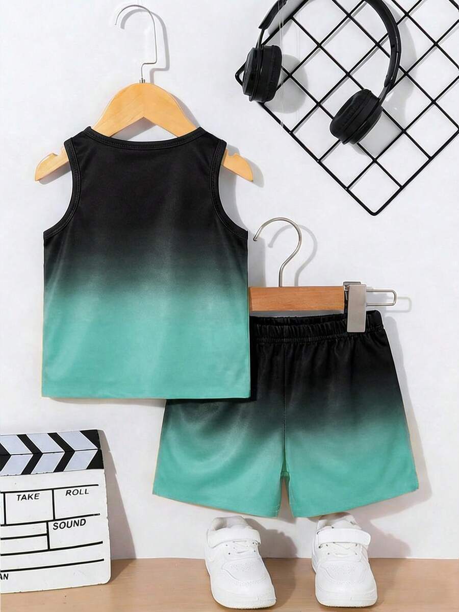 Baby Boy Gradient Logo Print Tank Top and Shorts 2 Piece Casual Summer Outfit Set