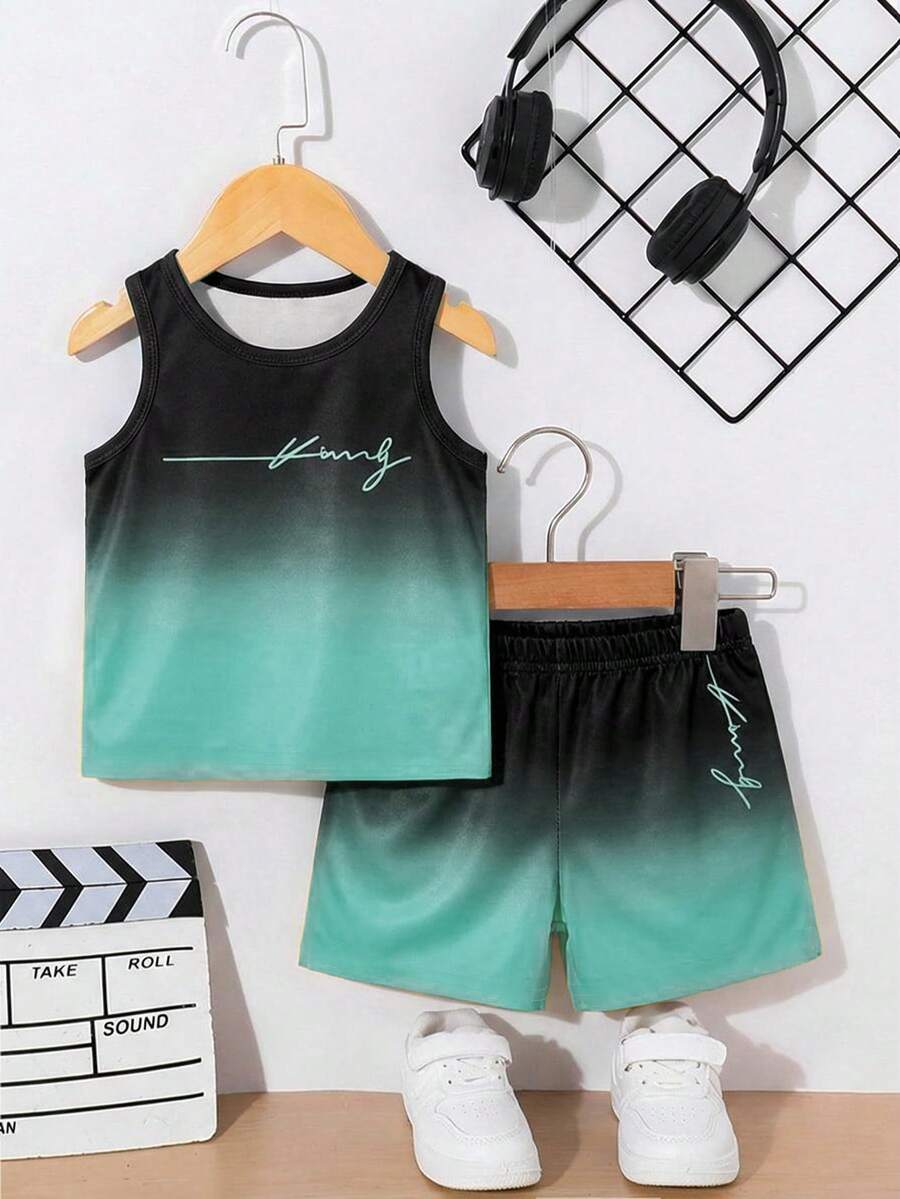 Baby Boy Gradient Logo Print Tank Top and Shorts 2 Piece Casual Summer Outfit Set