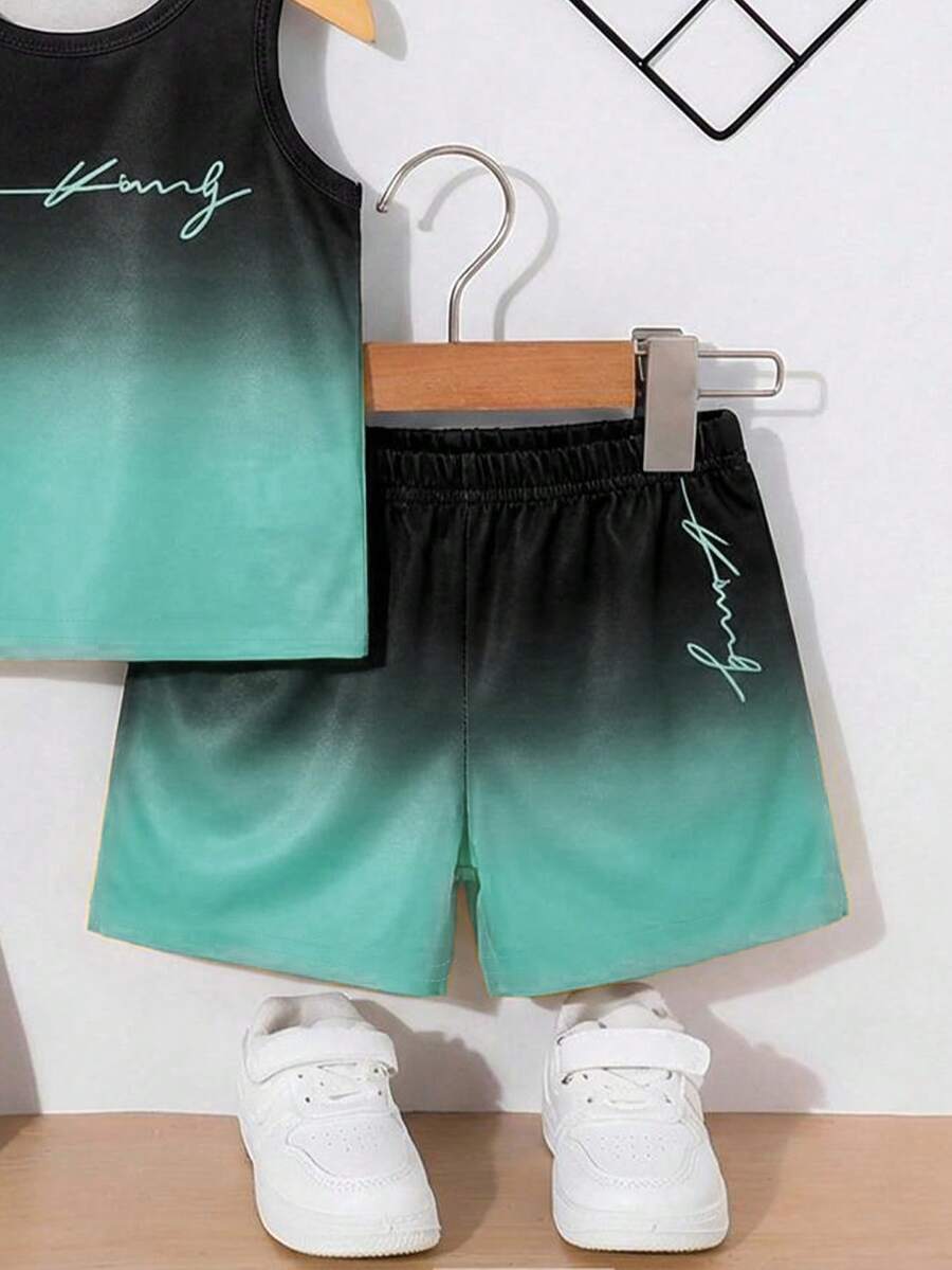 Baby Boy Gradient Logo Print Tank Top and Shorts 2 Piece Casual Summer Outfit Set