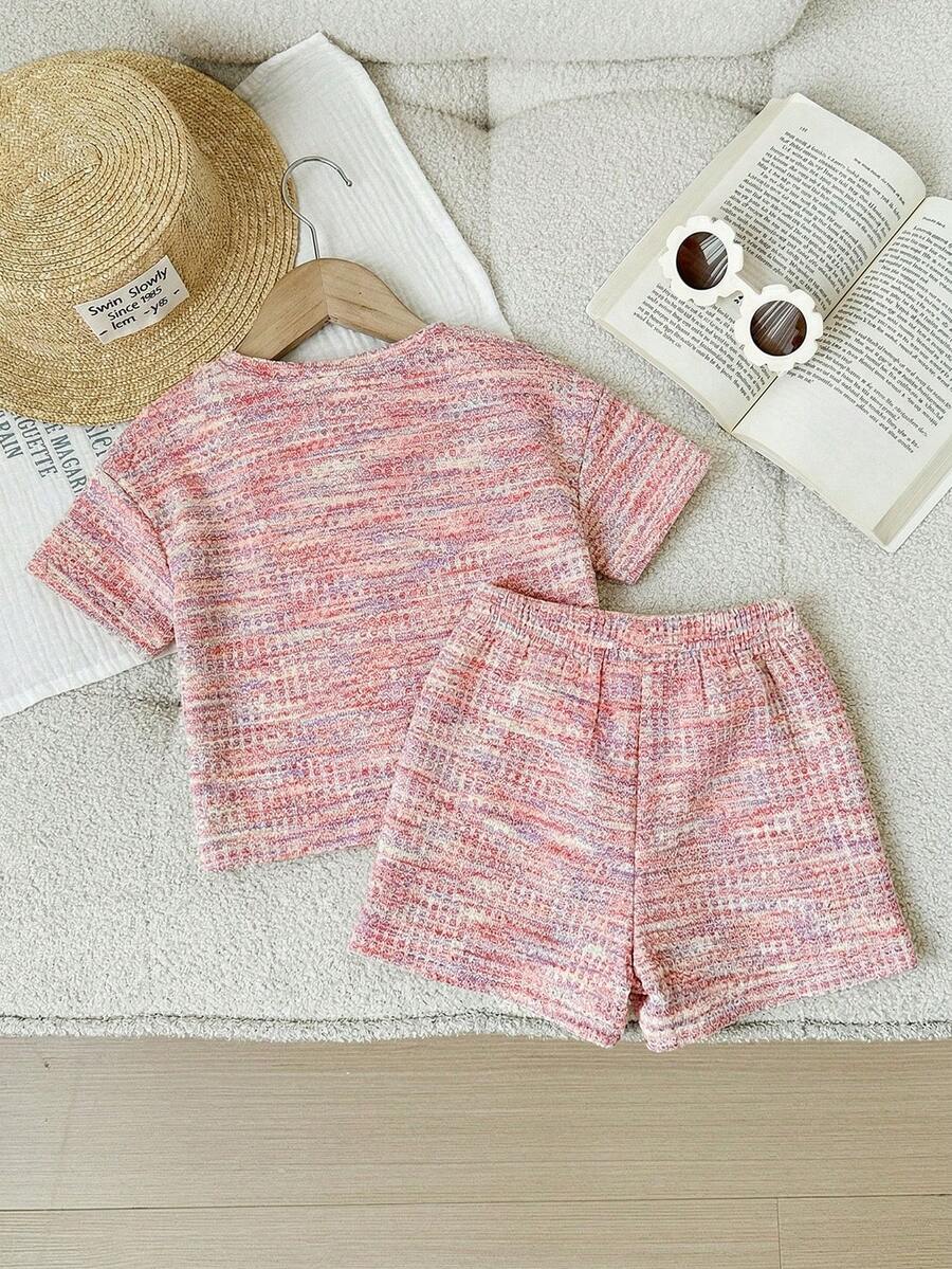 Rainbow Top And Elastic Waist Shorts Set For Toddler Girls Casual Wear