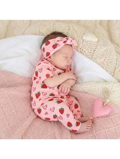 Baby Strawberry Print Short Sleeve Pajama Set for Cozy Summer Sleepwear