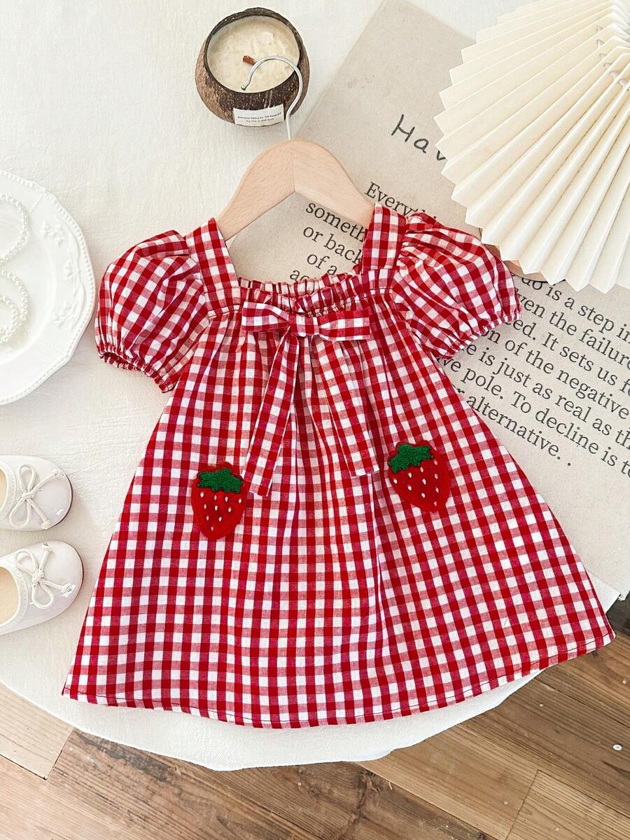 Baby Girl Plaid Bow Detail Short Sleeve Dress Cute Summer Vacation Outfit