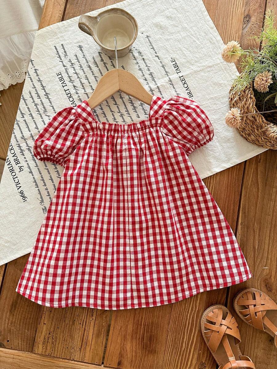 Baby Girl Plaid Bow Detail Short Sleeve Dress Cute Summer Vacation Outfit