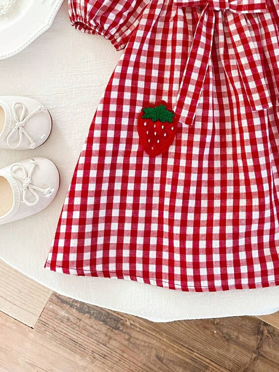 Baby Girl Plaid Bow Detail Short Sleeve Dress Cute Summer Vacation Outfit