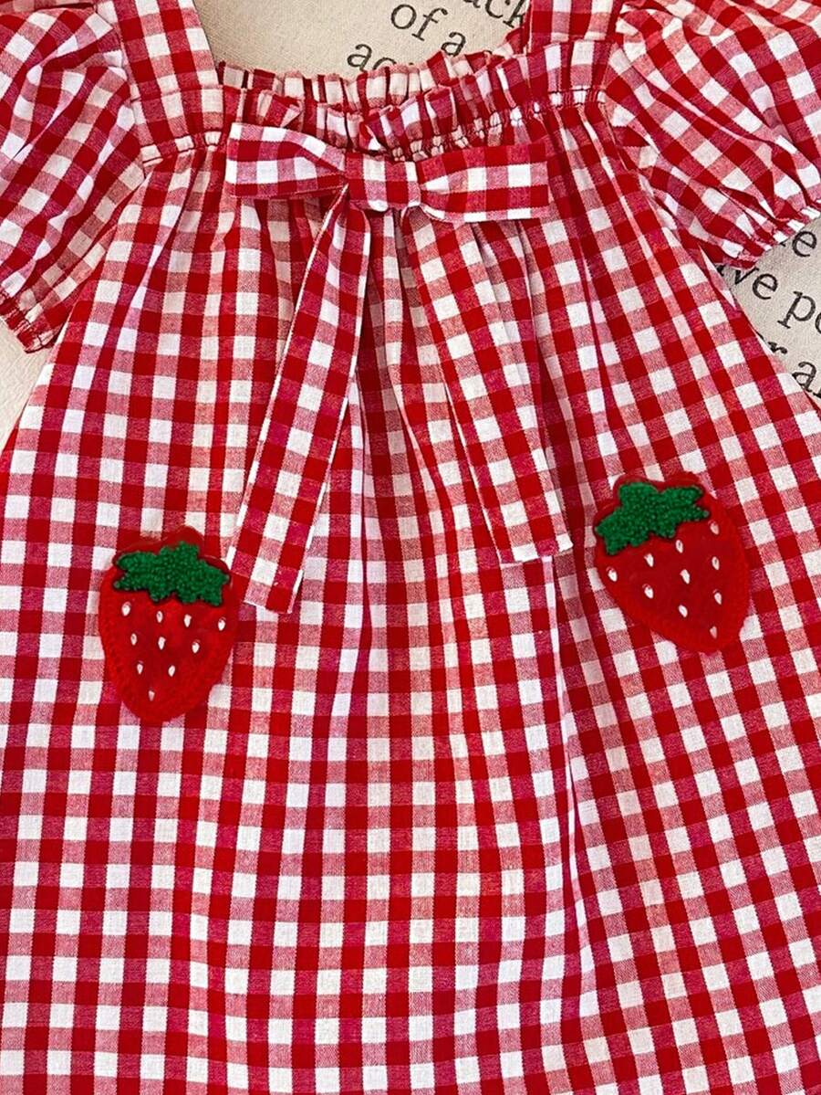 Baby Girl Plaid Bow Detail Short Sleeve Dress Cute Summer Vacation Outfit