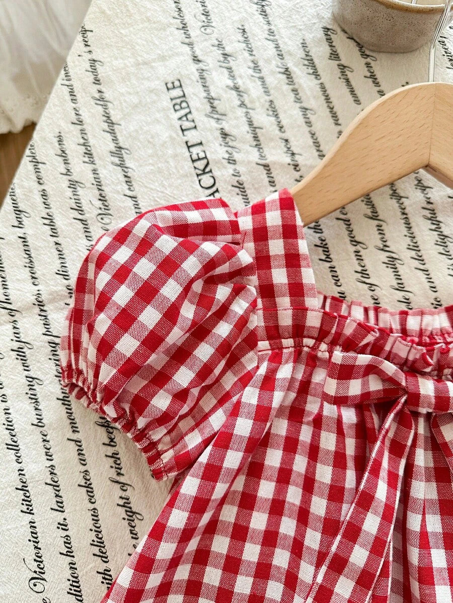 Green Plaid Short Sleeve Dress for Baby Girls - Cute Bow Accent Summer Outfit
