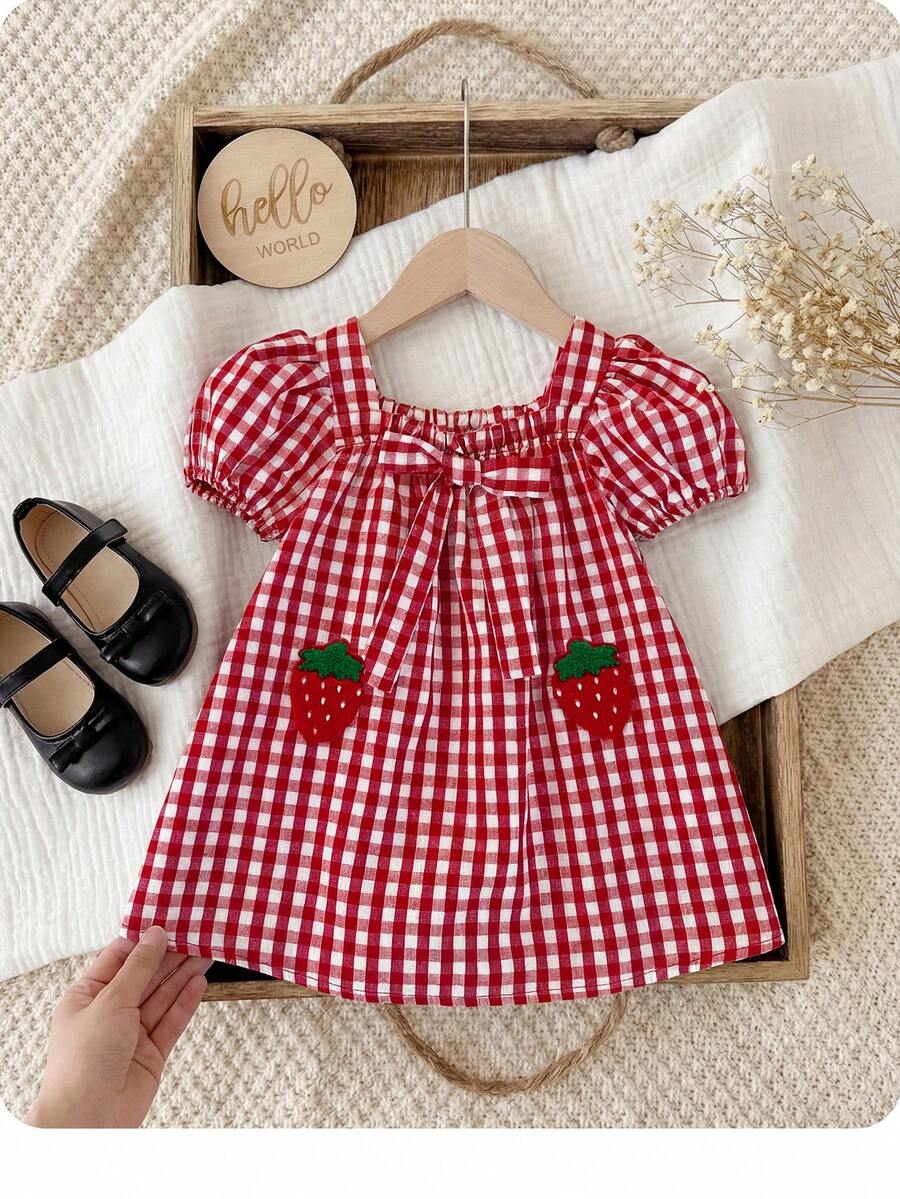 Baby Girl Plaid Bow Detail Short Sleeve Dress Cute Summer Vacation Outfit