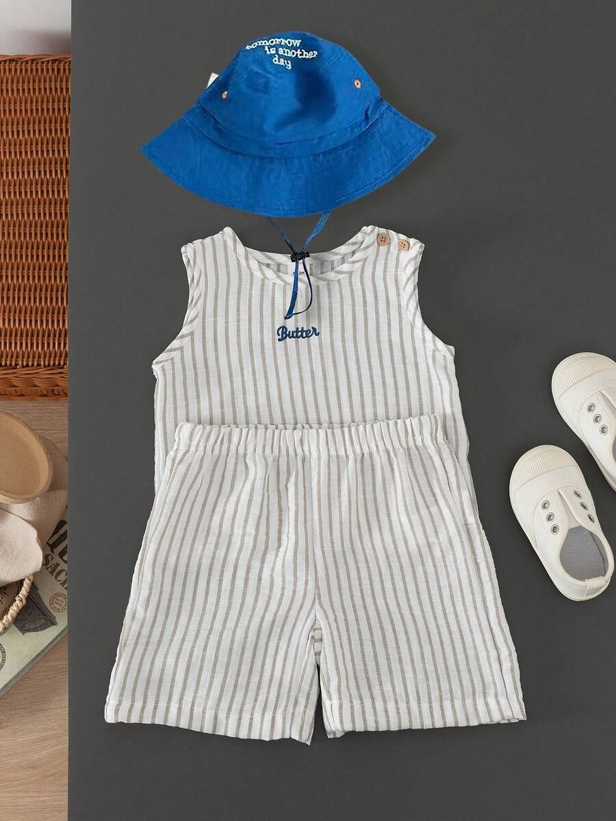 Baby Boy Striped Tank Top and Animal Embroidered Shorts 2 Piece Casual Summer Outfit Set
