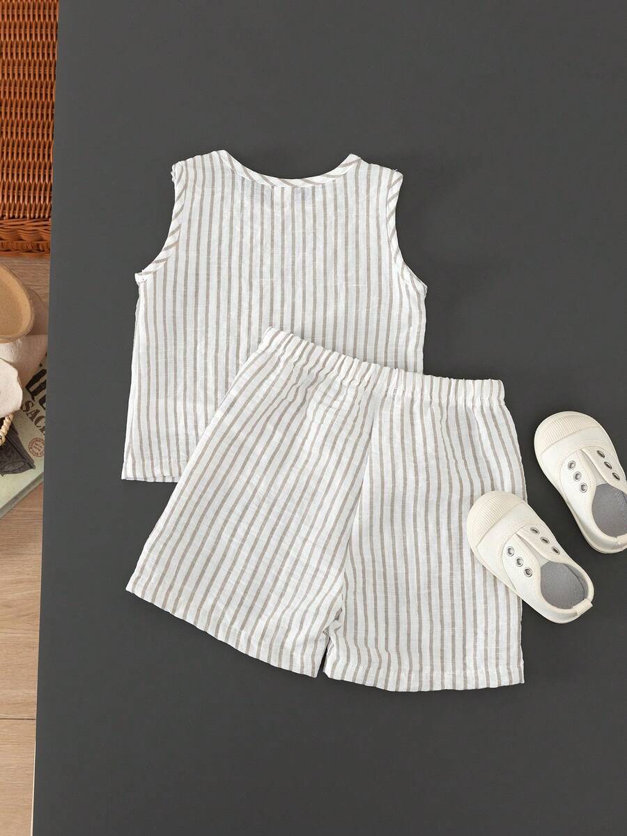 Baby Boy Striped Tank Top and Animal Embroidered Shorts 2 Piece Casual Summer Outfit Set