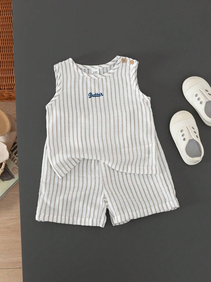 Baby Boy Striped Tank Top and Animal Embroidered Shorts 2 Piece Casual Summer Outfit Set