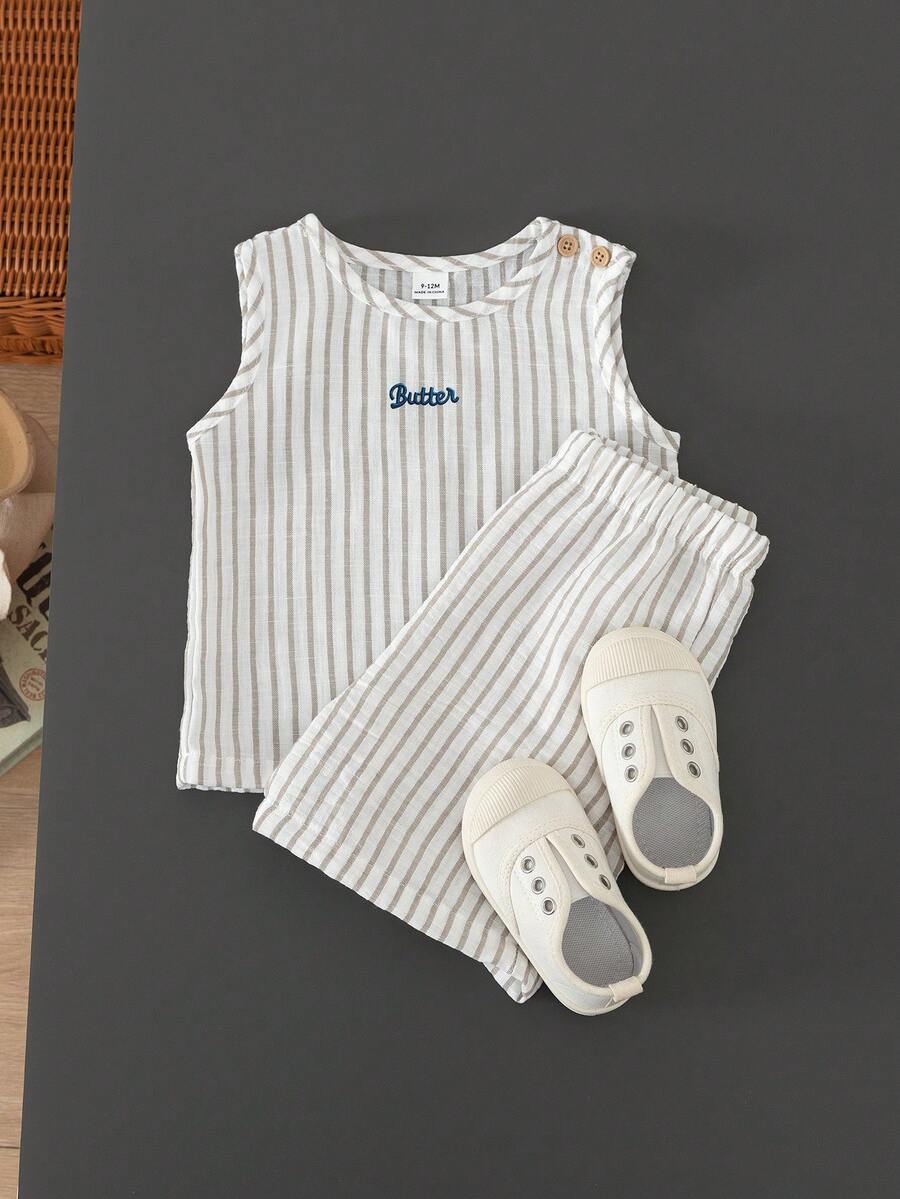Baby Boy Striped Tank Top and Animal Embroidered Shorts 2 Piece Casual Summer Outfit Set