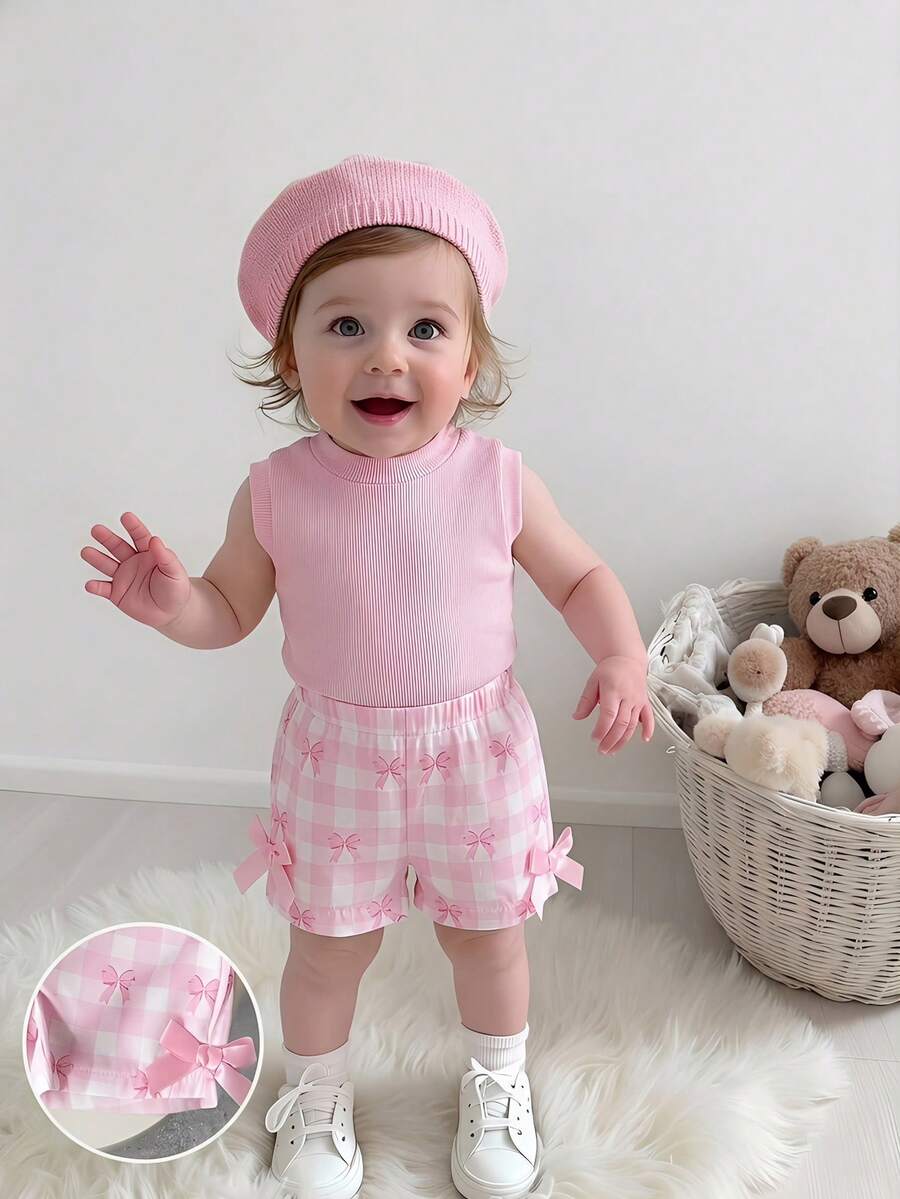 Baby Girl 2pcs Summer Blue Textured Top & Plaid Shorts Outfit