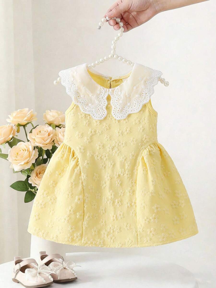 Little Girls Princess Pink Dress With Peter Pan Collar And Lace Detail
