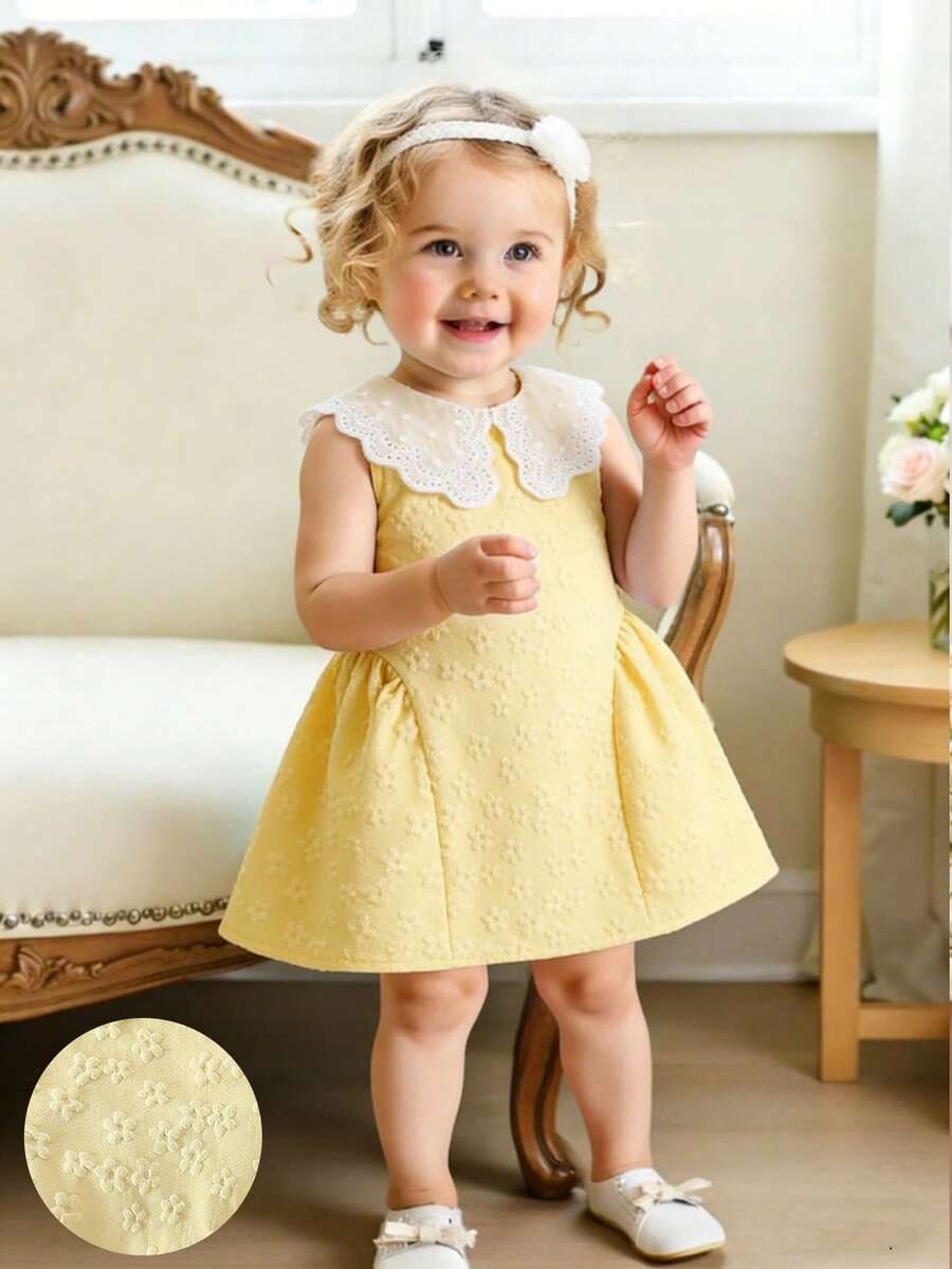 Little Girls Princess Pink Dress With Peter Pan Collar And Lace Detail