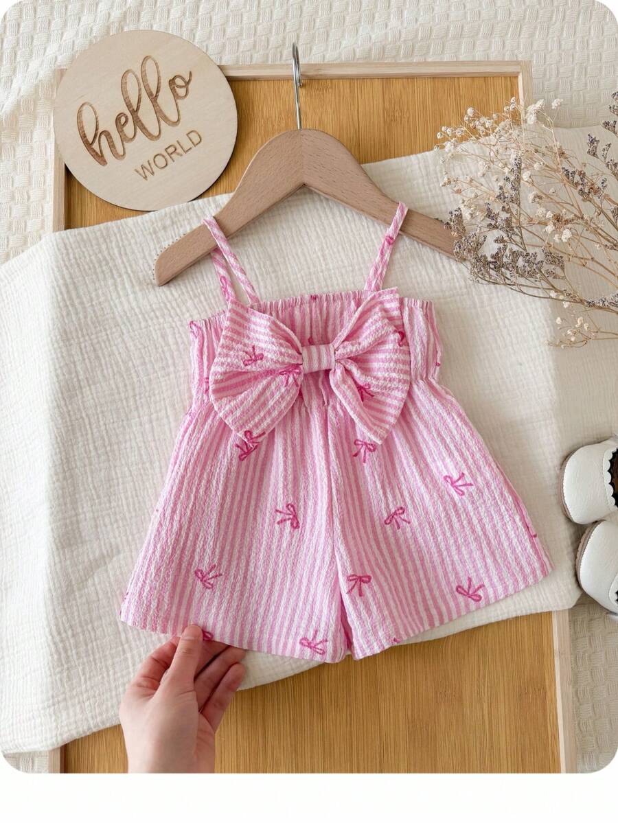 Baby Pink Striped Bow Strap Romper for Cute Summer Vacation Daily Wear