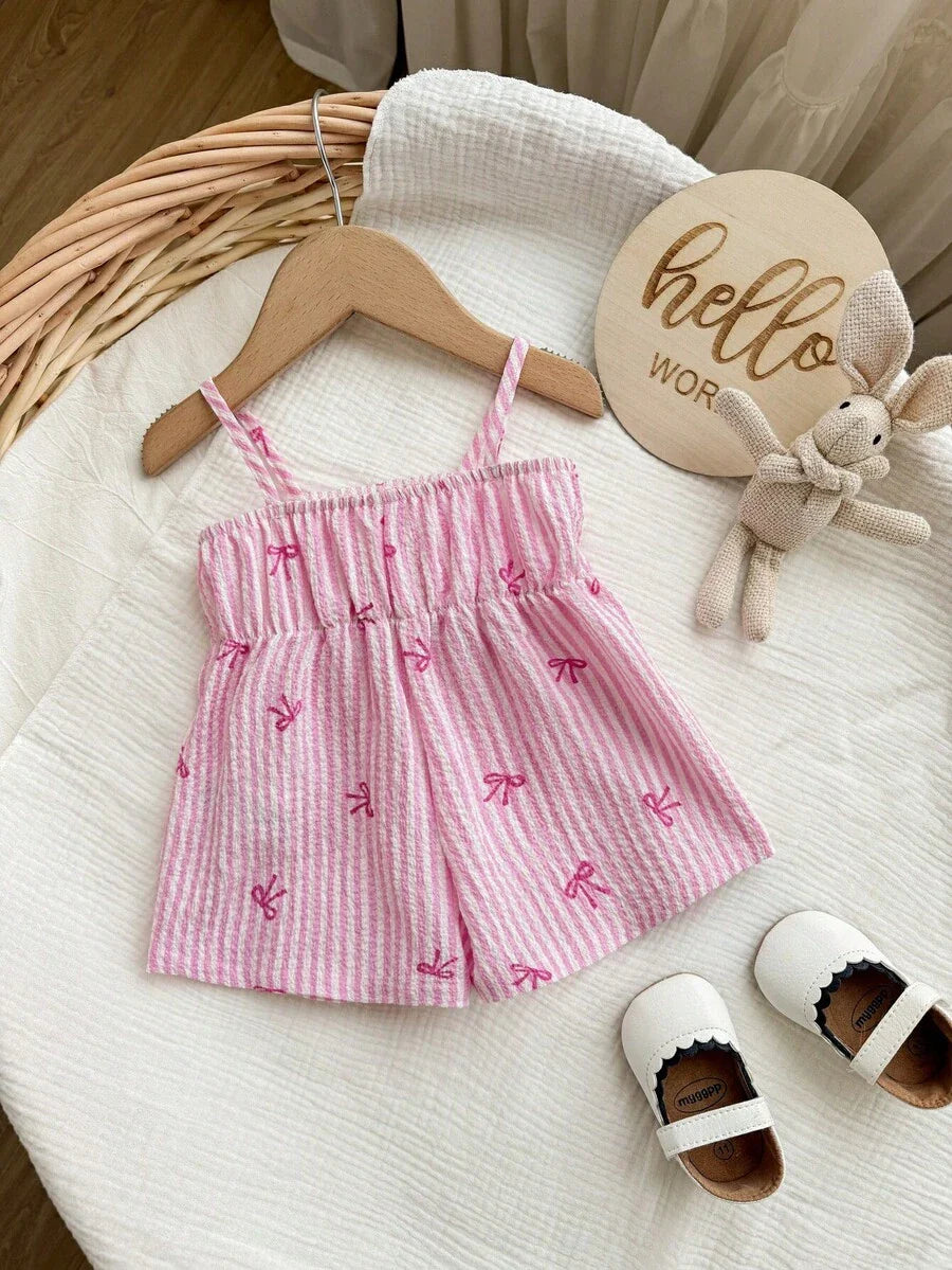 Baby Pink Striped Bow Strap Romper for Cute Summer Vacation Daily Wear